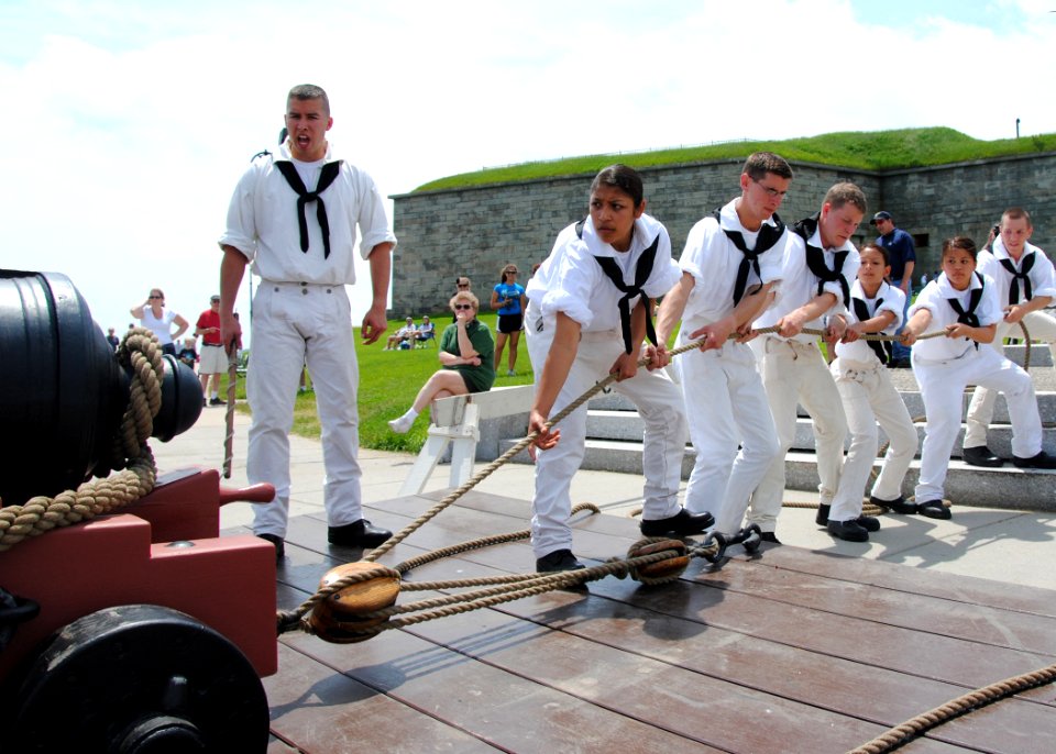 US Navy 110529-N-AU127-183 Sailors assigned to USS Constitution perform War of 1812-era gun drills for the public at Fort Independence on Castle Is