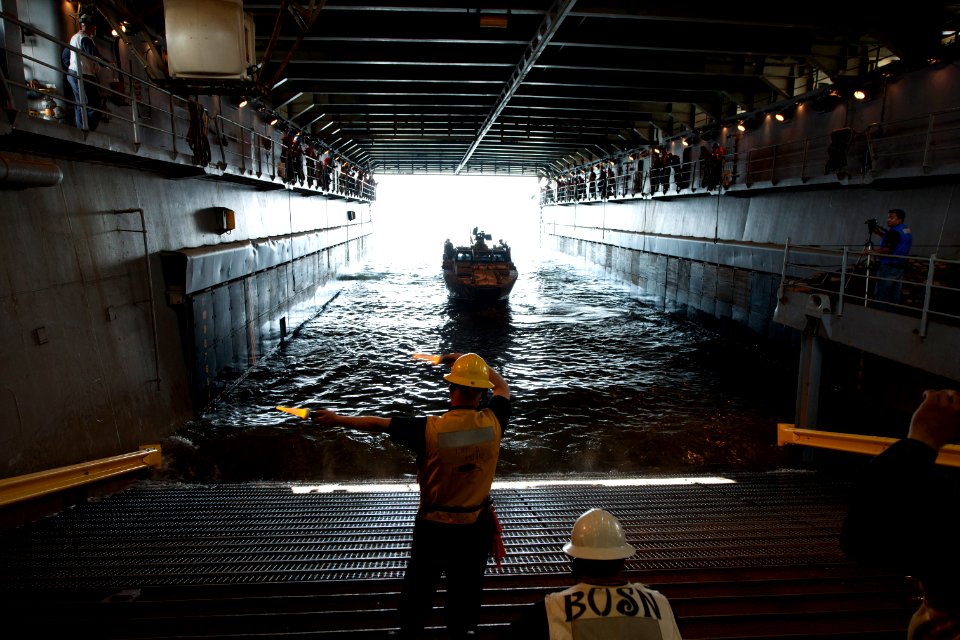 US Navy 110531-N-MR305-109 A Riverine patrol boat enters the well deck of USS Oak Hill (LSD 51) during a Riverine well deck certification