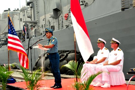 US Navy 110601-N-NJ145-026 Indonesian Navy Col. Chris Paath, co-commander for CARAT Indonesia 2011, gives thanks to exercise participants during cl