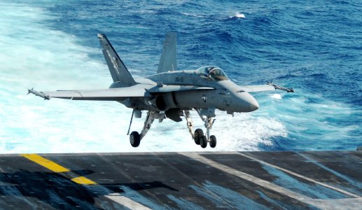 US Navy 110531-N-OK922-242 An F-A-18C Hornet assigned to Strike Fighter Squadron (VFA) 113 makes an arrested landing aboard the Nimitz-class aircra