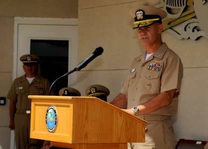 US Navy 110603-N-DI719-140 Vice Adm. Richard Hunt speaks at a change of command ceremony photo
