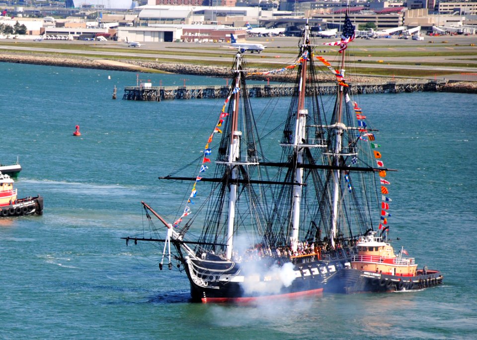 US Navy 110603-N-SH953-728 USS Constitution fires a 21-gun salute toward Fort Independence on Castle Island in Boston Harbor during an underway Bat