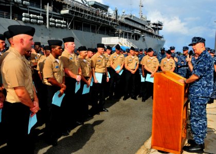 US Navy 110603-N-UE250-005 Capt. Thomas Stanley, commanding officer of the submarine tender USS Frank Cable (AS 40), talks about the obstacles and