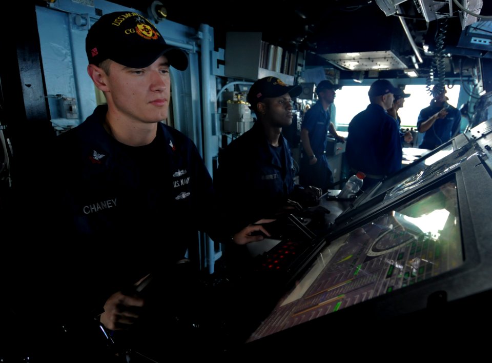 US Navy 110604-N-AQ172-209 eoman 2nd Class James Chaney stands watch aboard USS Monterey (CG 61)
