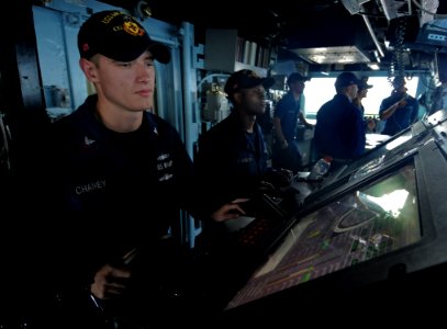 US Navy 110604-N-AQ172-209 eoman 2nd Class James Chaney stands watch aboard USS Monterey (CG 61)
