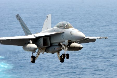 US Navy 110604-N-EE987-092 An F-A-18F Super Hornet assigned to the Black Knights of Strike Fighter Squadron (VFA) 154 lands aboard the aircraft car