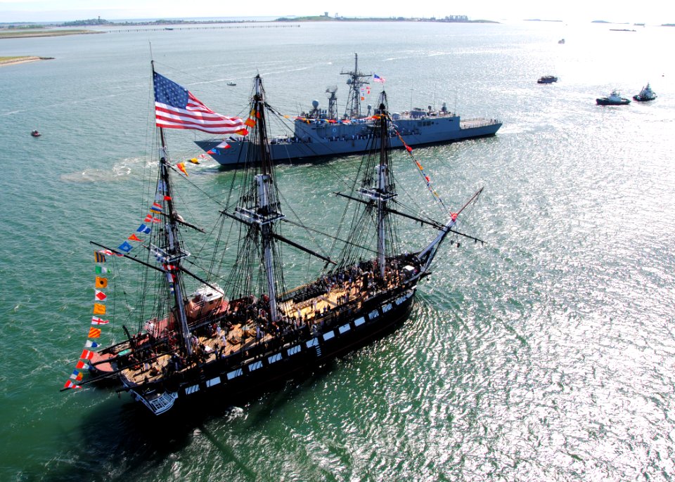 US Navy 110603-N-SH953-653 USS Constitution greets USS Carr (FFG 52) in Boston Harbor during an underway Battle of Midway commemoration