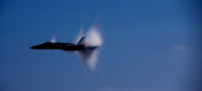 US Navy 110603-N-TU221-398 An F-A-18C Hornet assigned to Strike Fighter Squadron (VFA) 113 breaks the sound barrier during an air power demonstrati