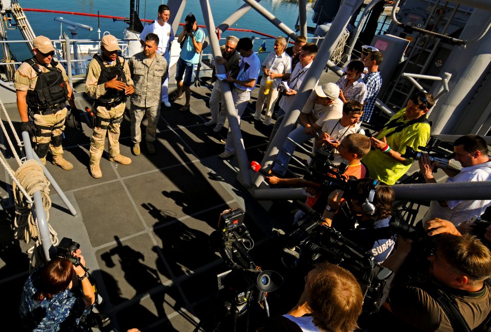 US Navy 110607-N-NW827-039 Members of the visit, board, search and seizure team aboard the guided-missile cruiser USS Anzio (CG 68) speak with Ukra