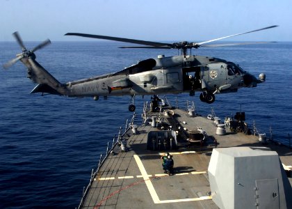 US Navy 110606-N-MM360-086 Sailors aboard an SH-60B Sea Hawk helicopter assigned to the Battle Cats of Helicopter Anti-Submarine Squadron Light (HS