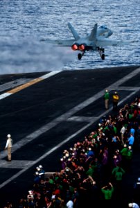 US Navy 110606-N-TU221-167 An F-A-18C assigned to Strike Fighter Squadron (VFA) 22 launches during an air power demonstration aboard the Nimitz-cla