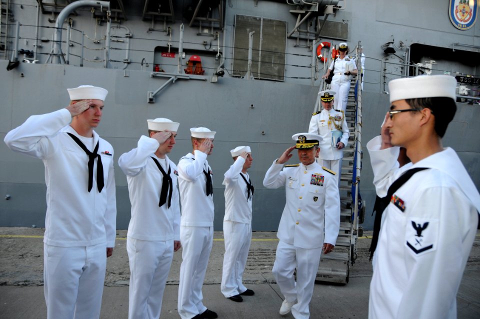 US Navy 110607-N-AQ172-418 ice Adm. Harry B. Harris Jr., commander of the U.S. 6th Fleet, departs the Ticonderoga-class guided-missile cruiser USS
