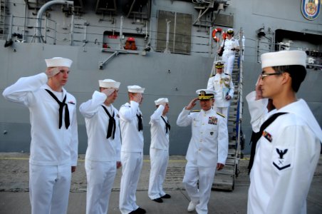 US Navy 110607-N-AQ172-418 ice Adm. Harry B. Harris Jr., commander of the U.S. 6th Fleet, departs the Ticonderoga-class guided-missile cruiser USS