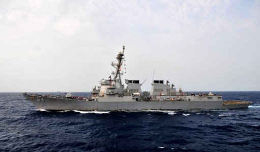 US Navy 110612-N-ZS026-390 The guided-missile destroyer USS Bulkeley (DDG 84) pulls away from the Military Sealift Command dry cargo and ammunition