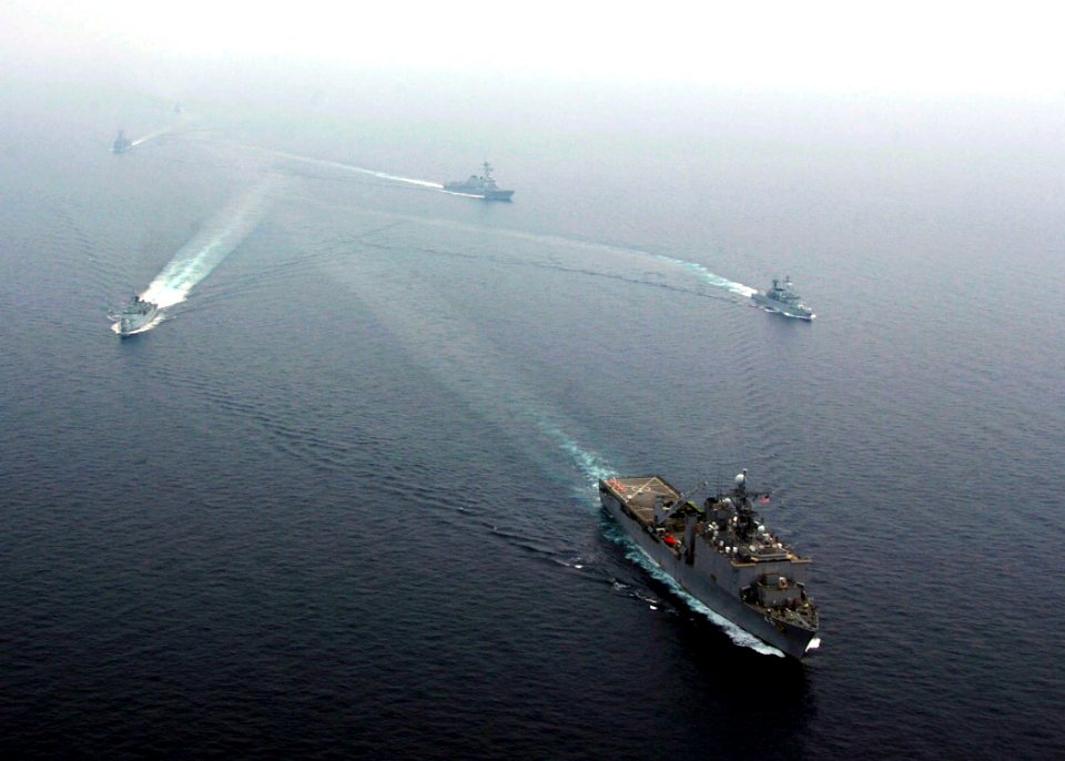 US Navy 110610-N-VY256-126 USS Tortuga (LSD 46) leads the Royal Malaysian Navy frigates KD Lekir (F26) and KD Lekiu (FF30) and USS Howard (DDG 83)