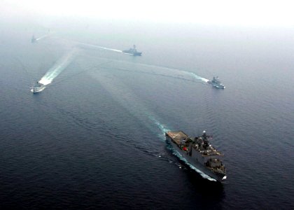 US Navy 110610-N-VY256-126 USS Tortuga (LSD 46) leads the Royal Malaysian Navy frigates KD Lekir (F26) and KD Lekiu (FF30) and USS Howard (DDG 83)