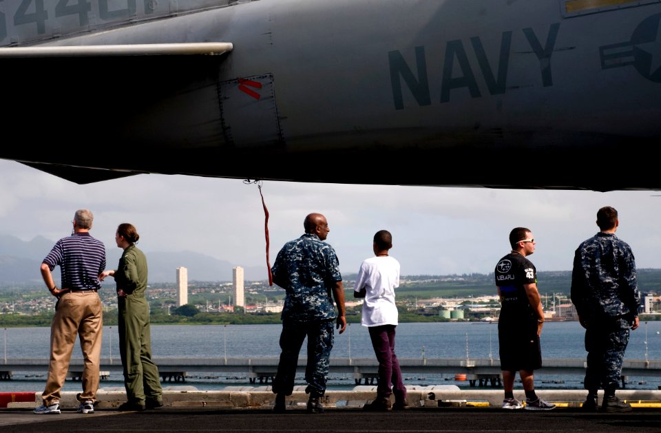 US Navy 110610-N-MD252-073 Sailors and their sponsored tiger cruise participants view Joint Base Pearl Harbor-Hickam from the flight deck of the Ni