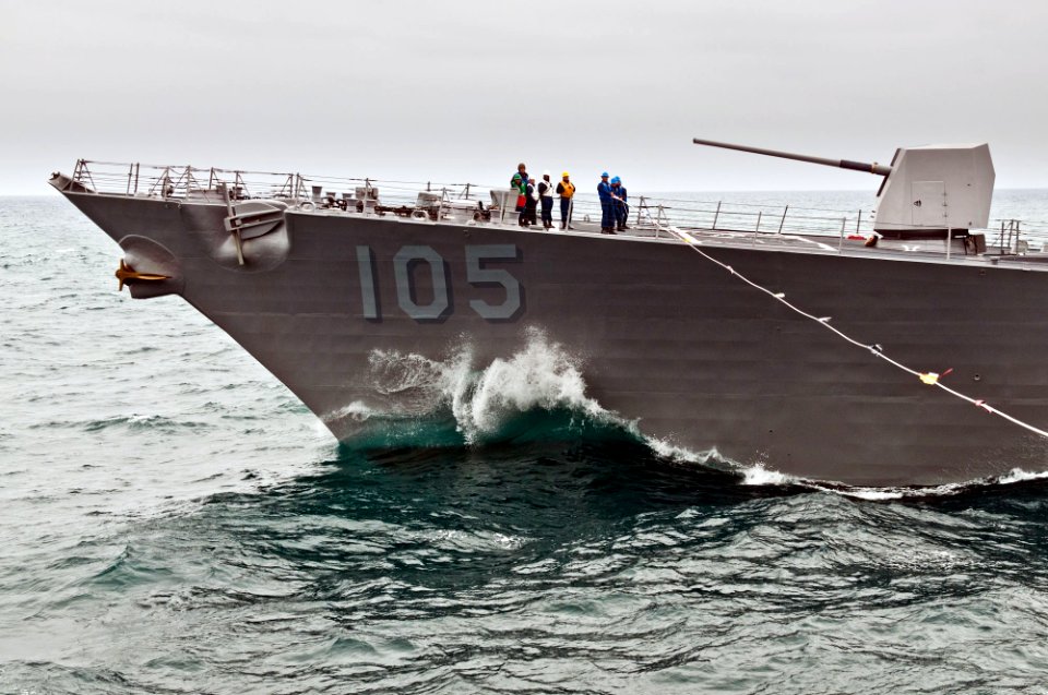 US Navy 110609-N-BT887-565 Sailors aboard the guided-missile destroyer USS Dewey (DDG 105) hold a phone and distance line to the Nimitz-class aircr