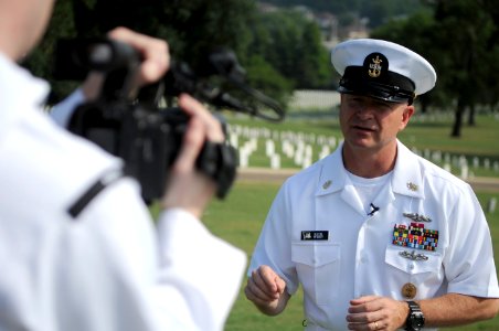 US Navy 110613-N-AD372-342 Master Chief Petty Officer of the Navy (MCPON) Rick D. West is interviewed before a wreath laying ceremony at Chattanoog