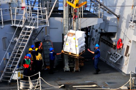 US Navy 110612-N-ZS026-238 Sailors aboard USS Bulkeley (DDG 84) receive a pallet of frozen food from USNS Alan Shepard (T-AKE 3) during a replenish