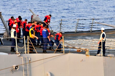 US Navy 110612-N-ZS026-108 Sailors aboard the guided-missile destroyer USS Bulkeley (DDG 84) heave in a line attached to refueling span wires