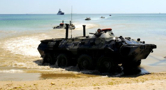 US Navy 110615-N-NW827-070 Ukrainian armored personnel carriers arrive ashore during an amphibious beach landing demonstration as part of exercise