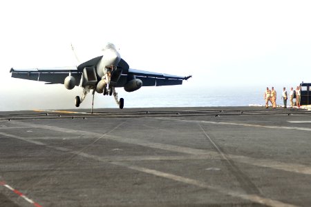 US Navy 110612-N-EE987-388 An F-A-18E Super Hornet prepares to make an arrested recovery on the flight deck aboard USS Ronald Reagan (CVN 76)