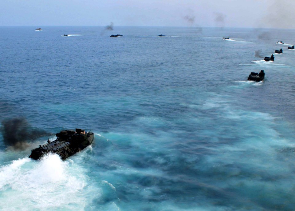 US Navy 110613-N-XR557-109 Amphibious assault vehicles launched from the amphibious dock landing ship USS Tortuga (LSD 46) conduct an amphibious la