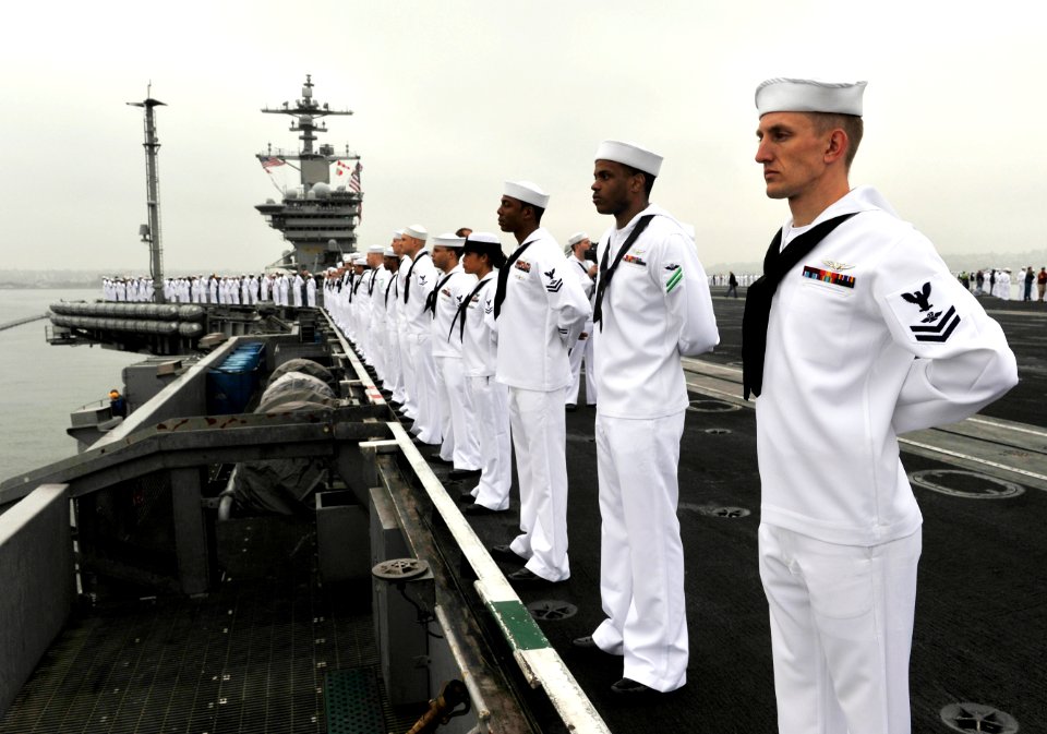 US Navy 110615-N-DR144-641 Sailors man the rails as the Nimitz-class aircraft carrier USS Carl Vinson (CVN 70) returns to homeport at Naval Base Co