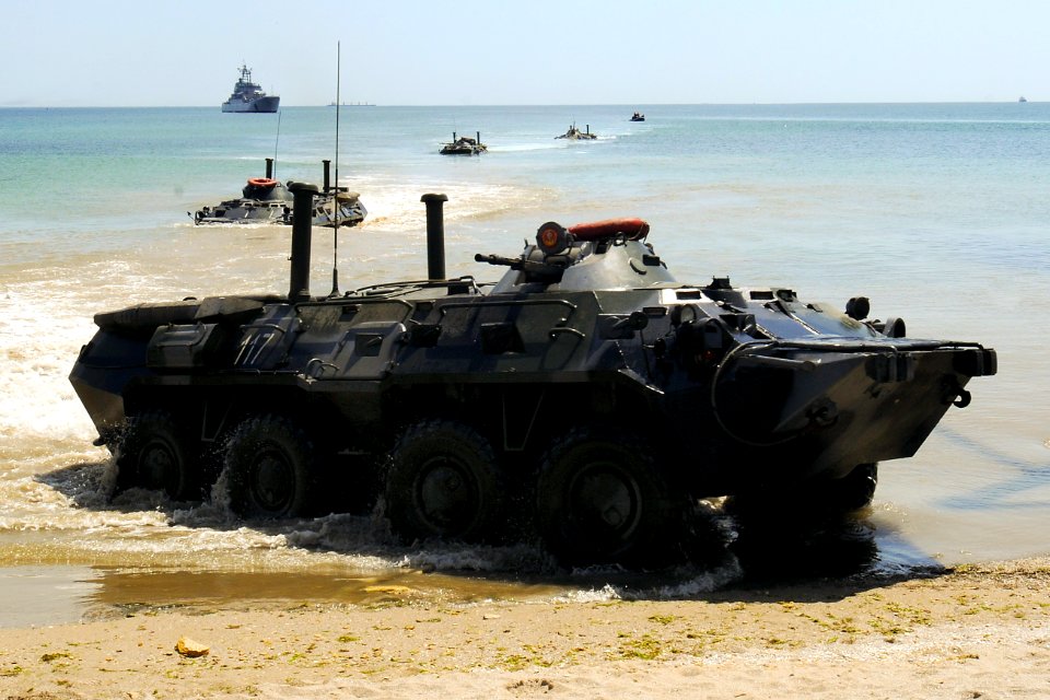 US Navy 110615-N-NW827-070 Ukrainian armored personnel carriers arrive ashore during an amphibious beach landing demonstration as part of exercise (cropped)