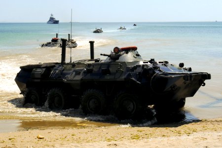 US Navy 110615-N-NW827-070 Ukrainian armored personnel carriers arrive ashore during an amphibious beach landing demonstration as part of exercise (cropped)