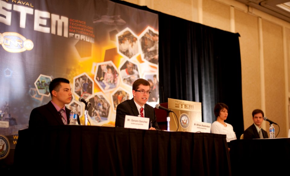 US Navy 110616-N-PO203-062 Genaro Sanchez, left, William Shepherdson, Grace Magdamo, and Nathan Hagen offer the student perspective during a panel