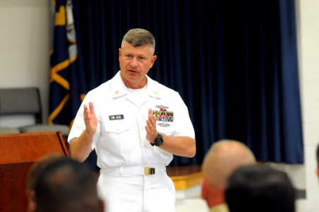 US Navy 110614-N-AD372-060 Master Chief Petty Officer of the Navy (MCPON) Rick D. West talks about Perform To Serve at an all-hands call at Navy Op