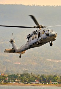 US Navy 110617-N-KB563-005 An MH-60S Sea Hawk helicopter approaches the amphibious transport dock ship USS Cleveland (LPD 7) during Pacific Partner