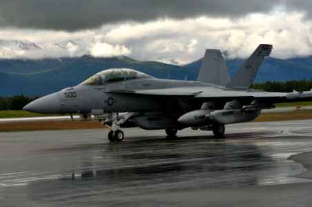 US Navy 110616-N-GO535-050 An F-A-18 Super Hornet taxis into position at Elmendorf Air Force Base during Northern Edge 2011