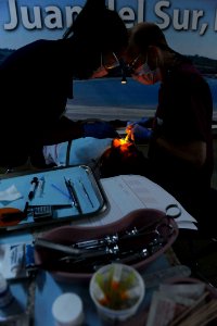 US Navy 110618-F-ET173-105 Capt. Thomas Hudson, from East Alton, Ill., and Jessica Vergel de Dios, from Los Angeles, perform a dental procedure at