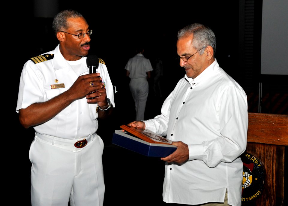US Navy 110623-N-KB563-312 Capt. Jesse A. Wilson, left, presents a plaque to Timor-Leste President Jose Ramos-Horta during a closing ceremony aboar
