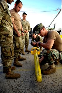US Navy 110621-N-KB666-297 Navy Diver 2nd Class Ryan Arnold demonstrates the use of the Centurion side-scan sonar to members of the Armada de Chile
