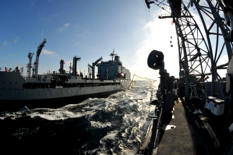 US Navy 110623-N-NL541-243 CNS Almirante Montt (AO 52) prepares to transport fuel to USS Thach (FFG 43) during a replenishment at sea