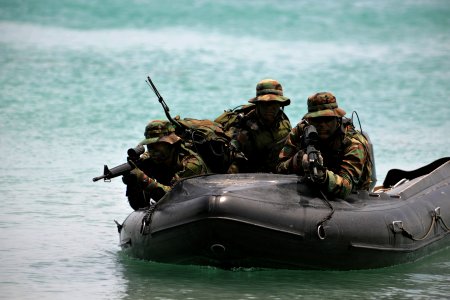US Navy 110623-N-YO394-073 A beach reconnaissance team from the Royal Netherlands Marine Corps demonstrates to Sailors from Riverine Squadron (RIVR