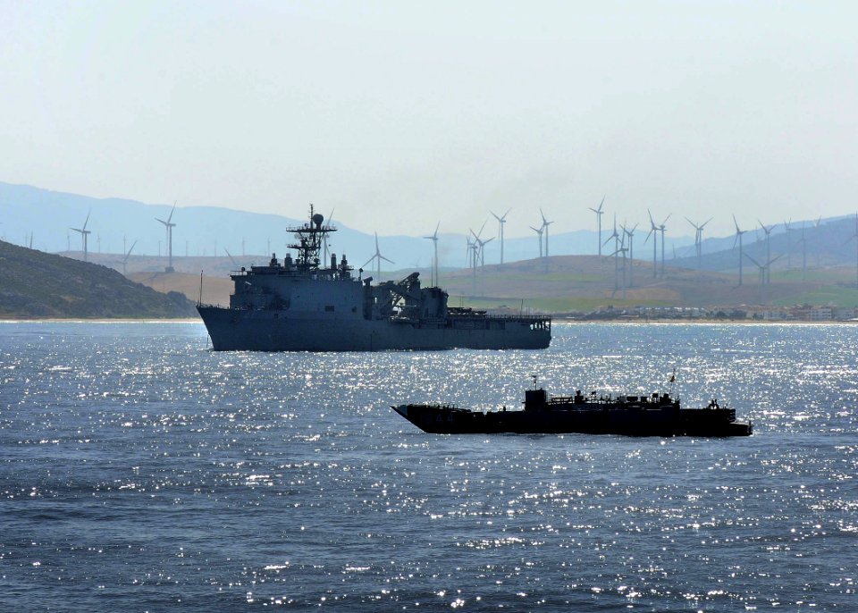 US Navy 110623-N-EC658-031 A landing craft utility (LCU) operates near the amphibious dock landing ship USS Whidbey Island (LSD 41)