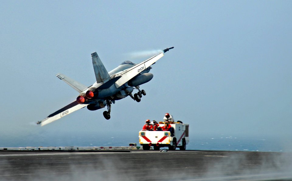 US Navy 110625-N-GL340-104 An F-A-18E Super Hornet assigned to the Argonauts of Strike Fighter Squadron (VFA) 147 catapults from the aircraft carri