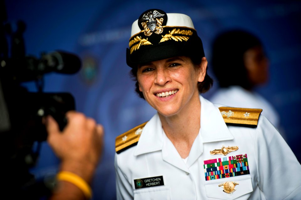 US Navy 110622-N-KK576-049 Rear Adm. Gretchen S. Herbert gives an interview to a news reporter after the Navy Cyber Forces change of command ceremo