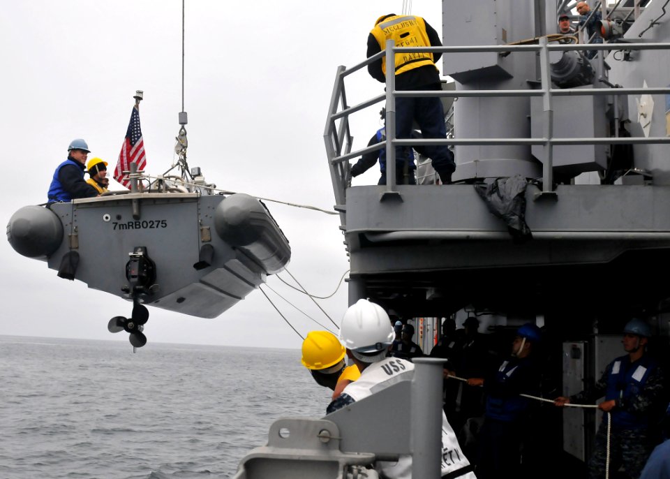 US Navy 110626-N-PB383-707 Sailors aboard USS McClusky (FFG 41) lower a rigid-hull inflatable boat during a four-day underway period