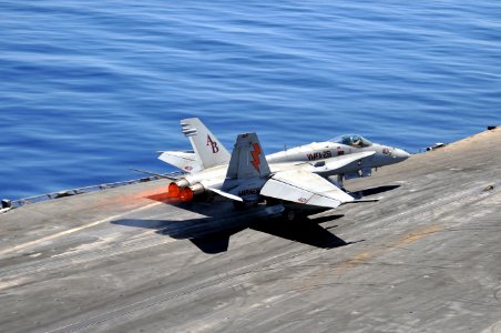 US Navy 110627-N-CH661-007 An F-A-18C Hornet assigned to the Thunderbolts of Marine Fighter Attack Squadron (VMFA) 251 launches from catapult four