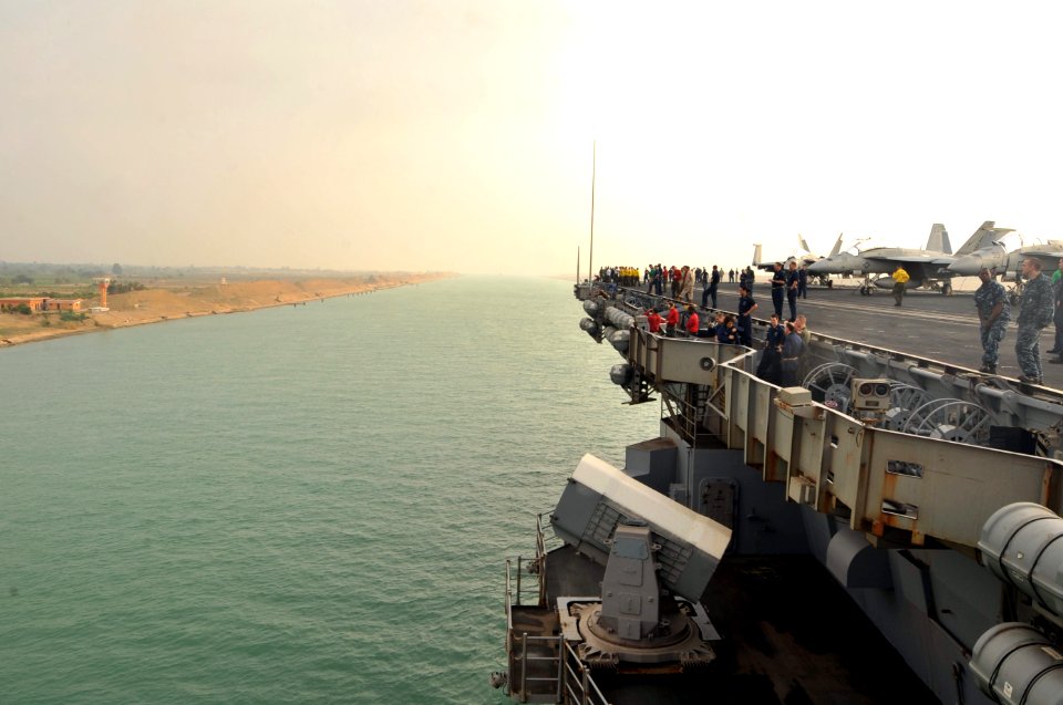 US Navy 110624-N-CH661-009 A view from the flight deck of the aircraft carrier USS Enterprise (CVN 65) as the ship transits the Suez Canal