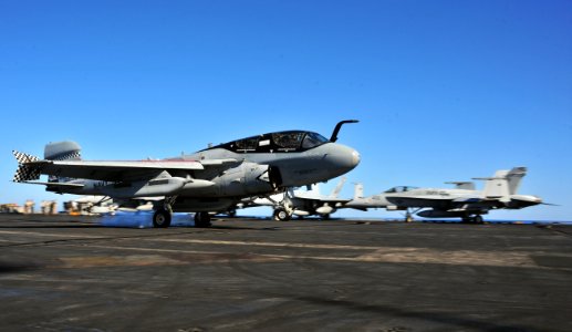 US Navy 110627-N-OP638-256 An EA-6B Prowler assigned to the Rooks of Electronic Attack Squadron (VAQ) 137 lands aboard the aircraft carrier USS Ent