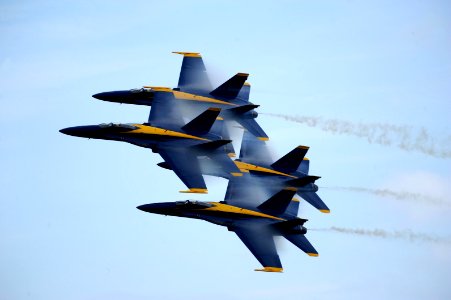 US Navy 110626-N-IR859-014 The U.S. Navy flight demonstration squadron, the Blue Angels, perform a Diamond 360 at the Rhode Island National Guard O