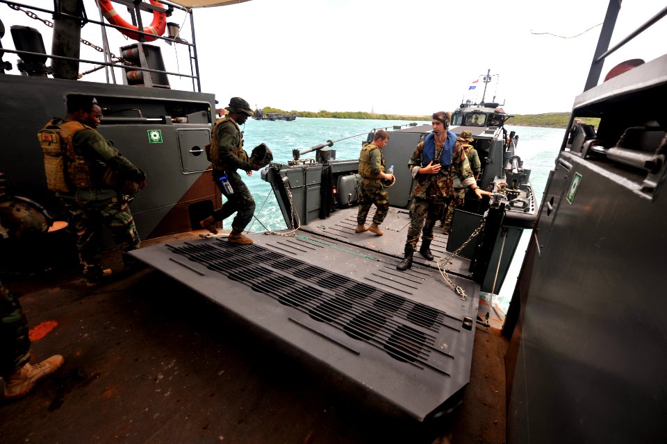 US Navy 110623-N-YO394-058 Sailors assigned to Riverine Squadron (RIVRON) 3 board a Royal Netherlands Navy landing craft vehicle personnel (LCVP) d