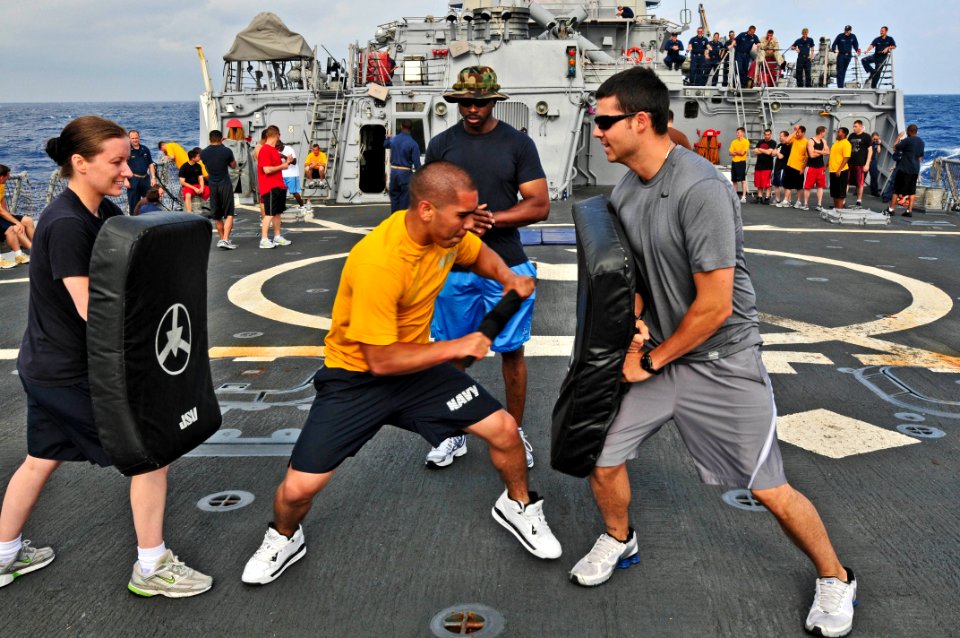 US Navy 110624-N-XO436-173 Sailors conduct Security Reaction Force Basic (SRF-B) drills aboard the guided-missile destroyer USS Barry (DDG 52)